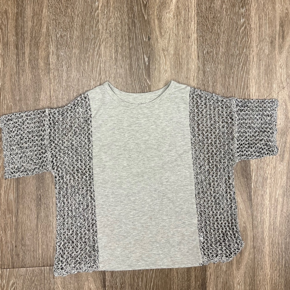 Size Small RXB gray short sleeve blouse with mesh crochet sleeves.